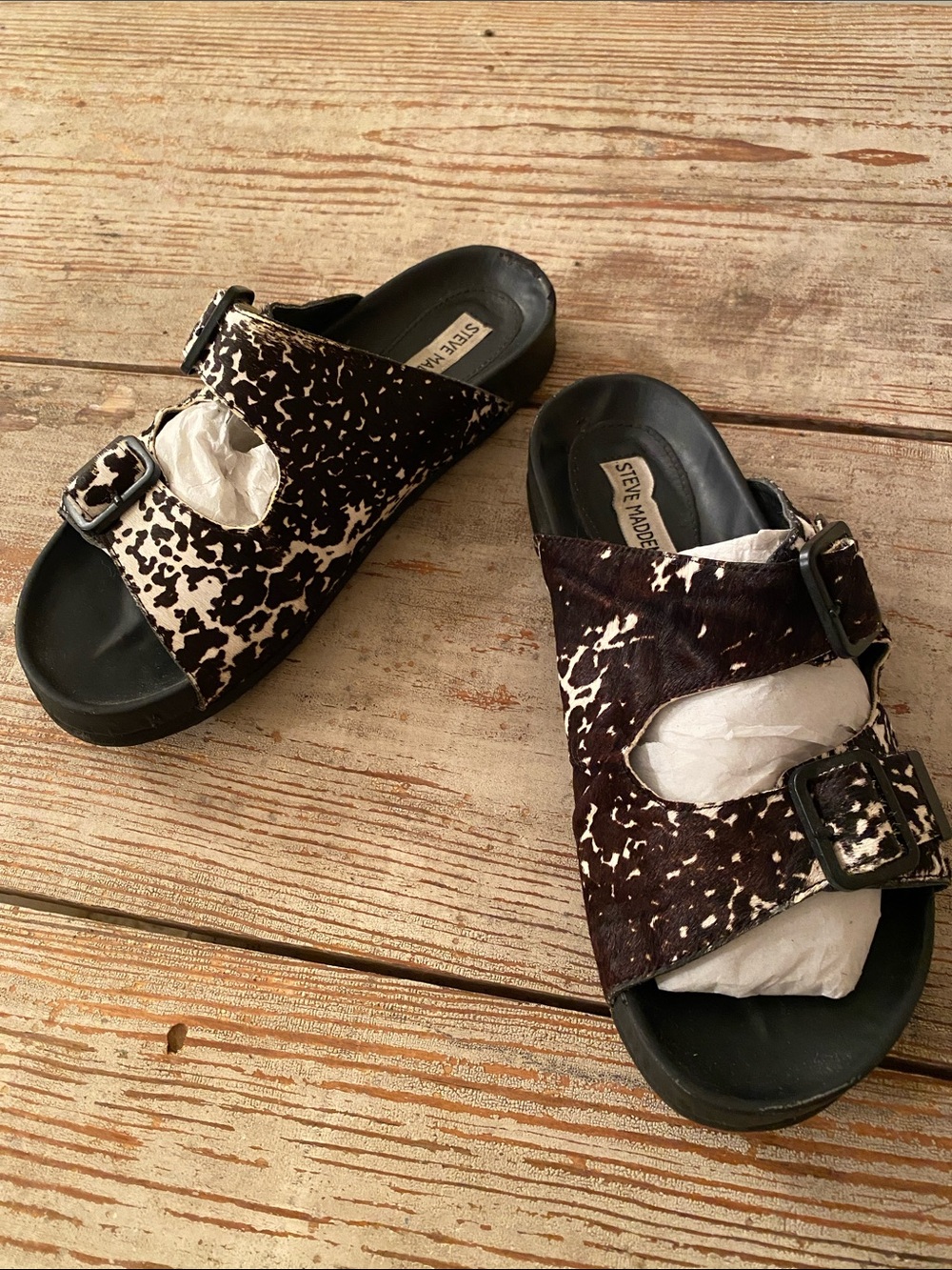 Steve Madden Black & White Cow Print Fur Buckle Sandals